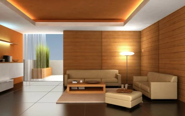 Wohnzimmer Deko holz wandverkleidung panelen sofas beige