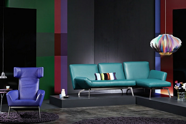 designer couch blaugrün lila sessel
