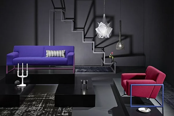 designer couch rechteckig lila sofa roter sessel