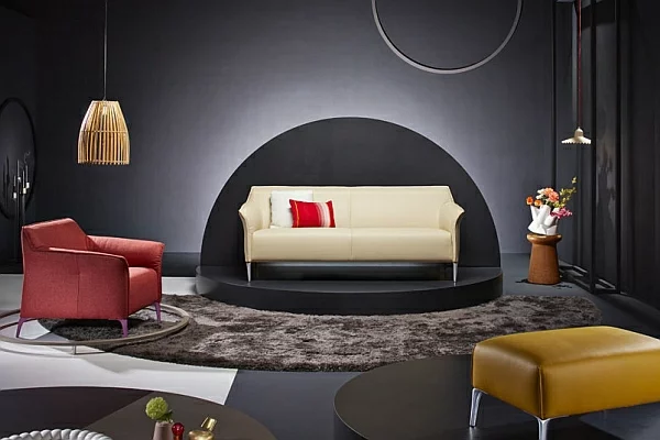 designer couch teppich rund creme leder sofa