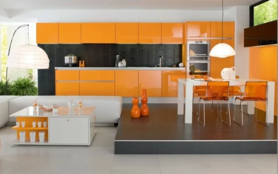 farbe orange küchenschränke hochglanz