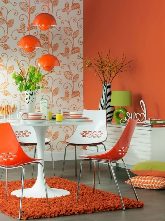 farbe orange plastik stühle hochflor teppich zebra vase