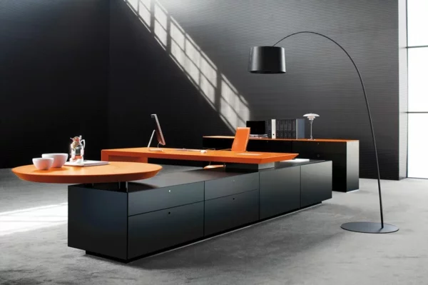 büromöbel minimalistisch schwarz orange