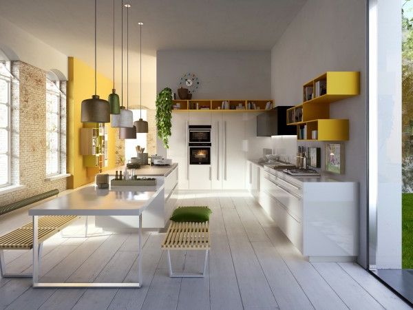 küchenmöbel gelbe regale weißer tisch