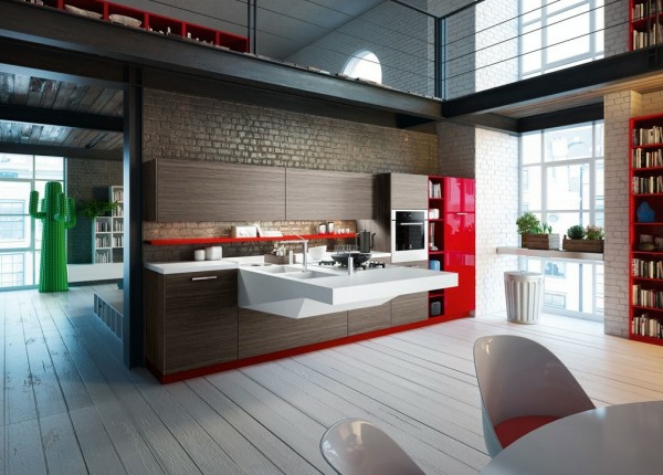 küchenmöbel holzdielen rote fronten hochglanz