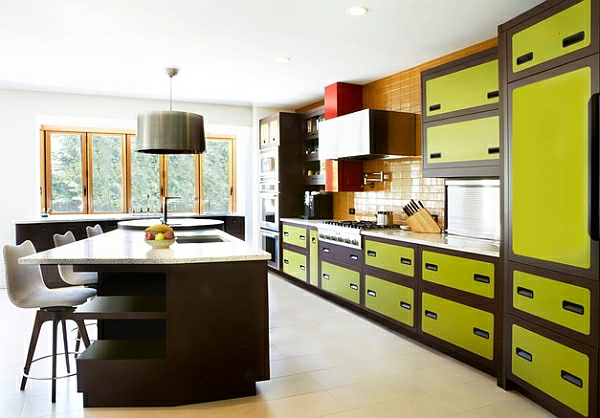retro-küche gelbgrüne schränke kücheninsel