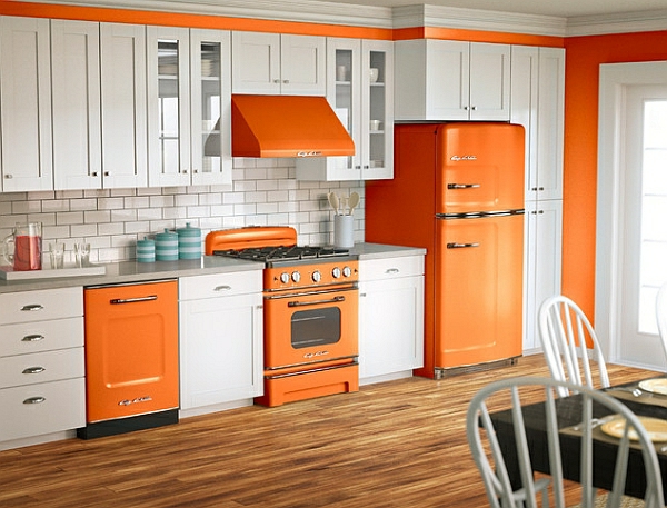 retro küche orange küchentechnik kühlschrank herd abzugshaube