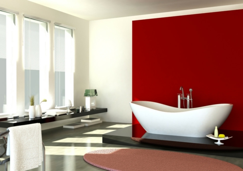 wandgestaltung badezimmer badeawnne rot weiß 