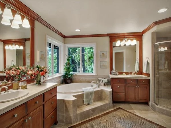 Badeinrichtung mit Stil texturen holz oberfläche teppich spiegel