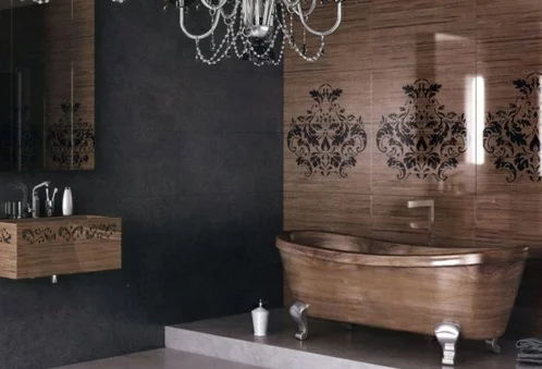 Badezimmer mit Badewannen aus Holz dunkel