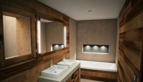 Badezimmer  Badewannen aus Holz spiegel indirekt beleuchtung