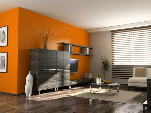 Bodenbelag aus Massivholz wohnzimmer orangewandgestaltung