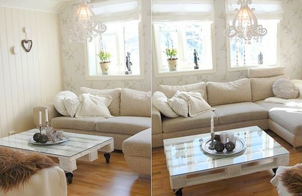 DIY Möbel aus Europaletten wohnzimmer tisch weiß rollen glasplatte