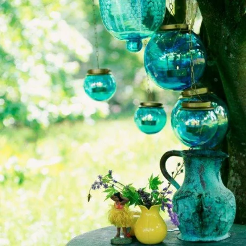 Gartendeko  Gartenzubehör bunt glas blau laternen