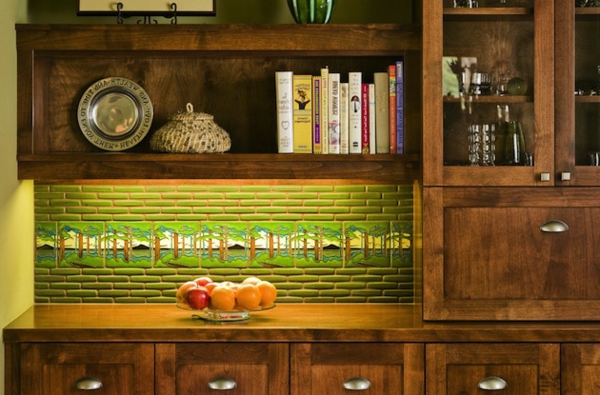 Schöne Küchenrückwand grün beleuchtet ziegel indirekt