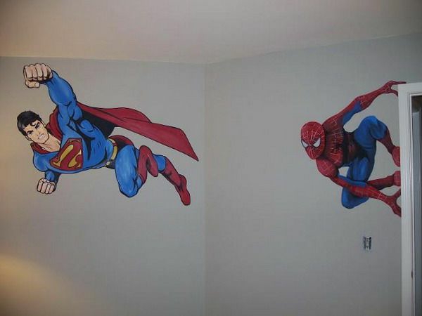 Wanddeko mit Fototapeten spiderman superman weiß wand