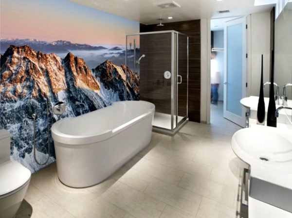 Wandgestaltung Fototapeten badewanne gebirge frische