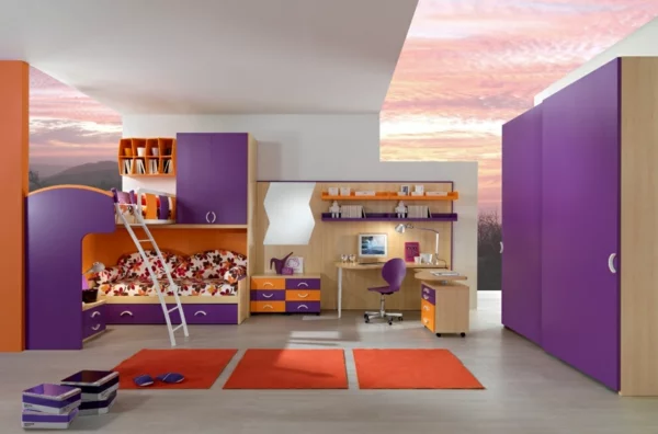cool frisch farben kinderzimmer mädchen hochbett orange teppiche