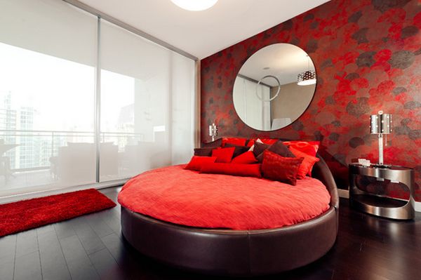 minimalistisch rundbett schlafzimmer rot weiß spiege rund