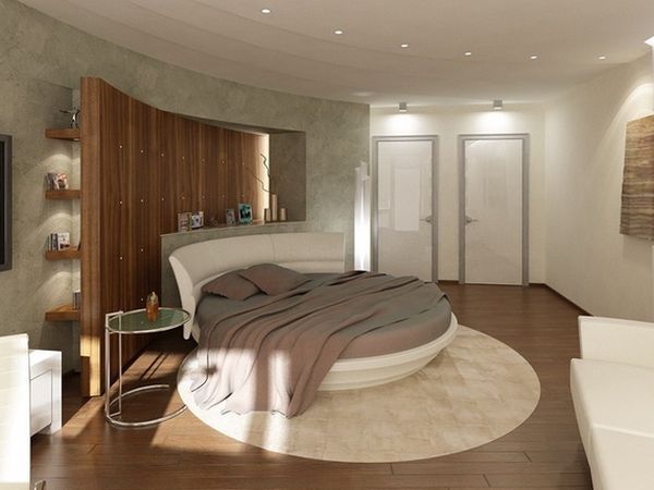 minimalistisch rundes bett schlafzimmer rund teppich holzboden