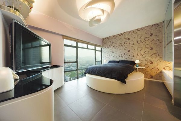 minimalistisch rundbett schlafzimmer weiß schwarz beleuchtung