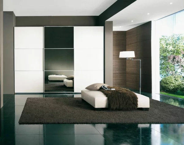 minimalistisch schlafzimmer teppich bett holz textur garderobe