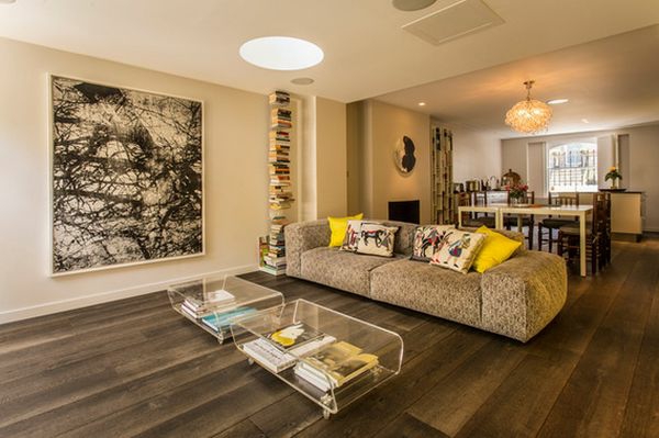 möbel aus acryl couchtische sofa wohnzimmer holzboden wandgemälde
