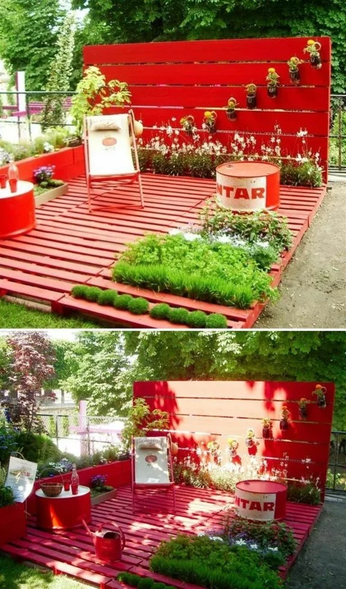 möbel paletten kräutergarten klappstuhl rote farbe