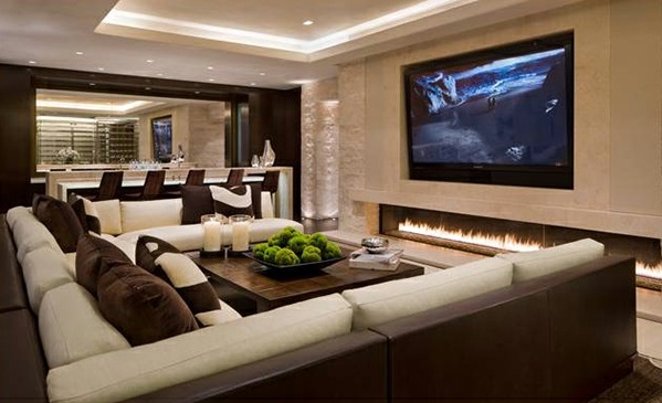 schicke Wohnzimmer einrichten braun sofas fernseher deckenbeleuchtung