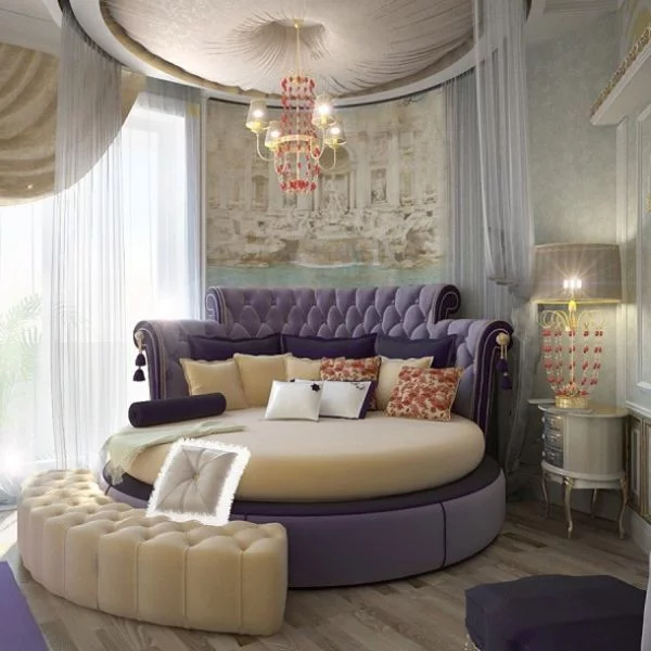 schlafzimmer rundbett beige lila leder luxus zimmerdecke rund