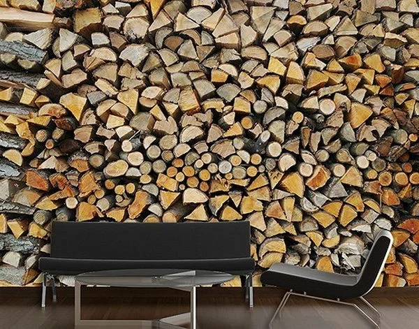 wanddeko fototapeten realistisch wohnzimmer hause brennholz