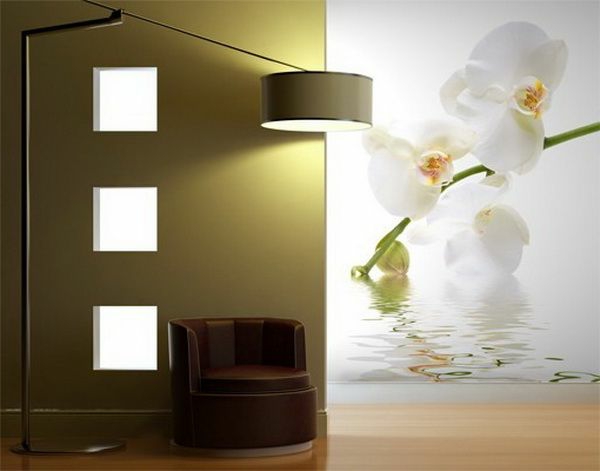 wanddeko fototapeten realistisch wohnzimmer hause wandlampe