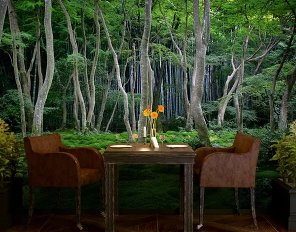 wanddeko mit fototapeten realistisch wohnzimmer natur