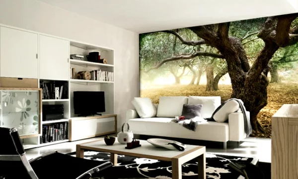 wandgestaltung realistisch wohnzimmer natur sofa