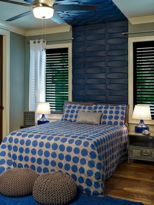 modern schlafzimmer bettdecke blau muster kopfteil
