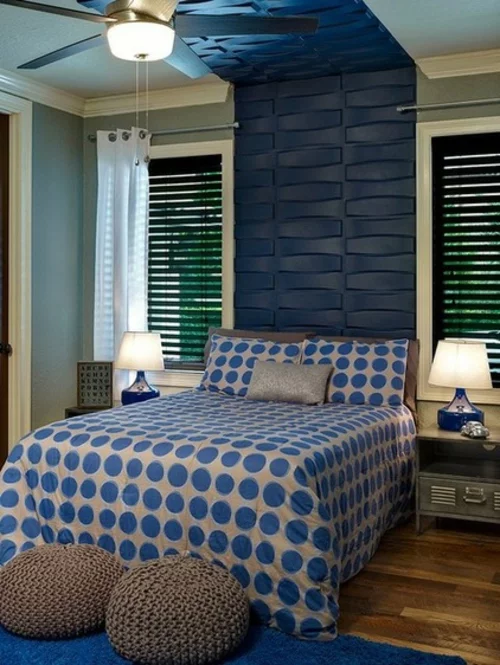 modern schlafzimmer bettdecke blau muster kopfteil