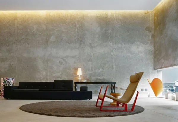 minimalistisch betonwand gestalten wohnzimmer