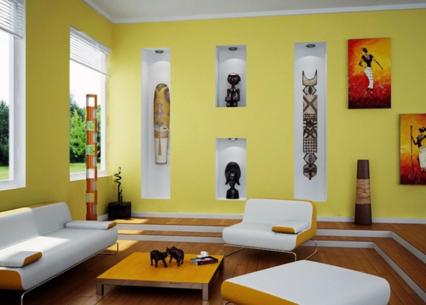 Wandfarben fürs Wohnzimmer hell gelb lebhaft indianisch symbole motive