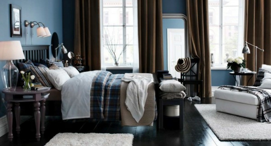 farbgestaltung farbakzente ikea schlafzimmer bett bettwäsche braun blau wandfarbe