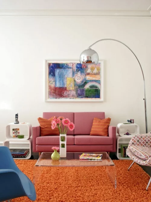 farbgestaltung rosa farbnuancen retro design wohnzimmergestaltung ideen eklektisch modern