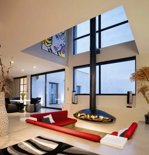 futuristische interior designideen kamin rotes sofa dekoideen
