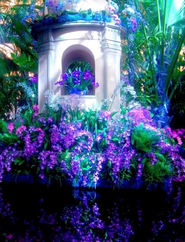 gartendesign lila pflanzen über dem wasser