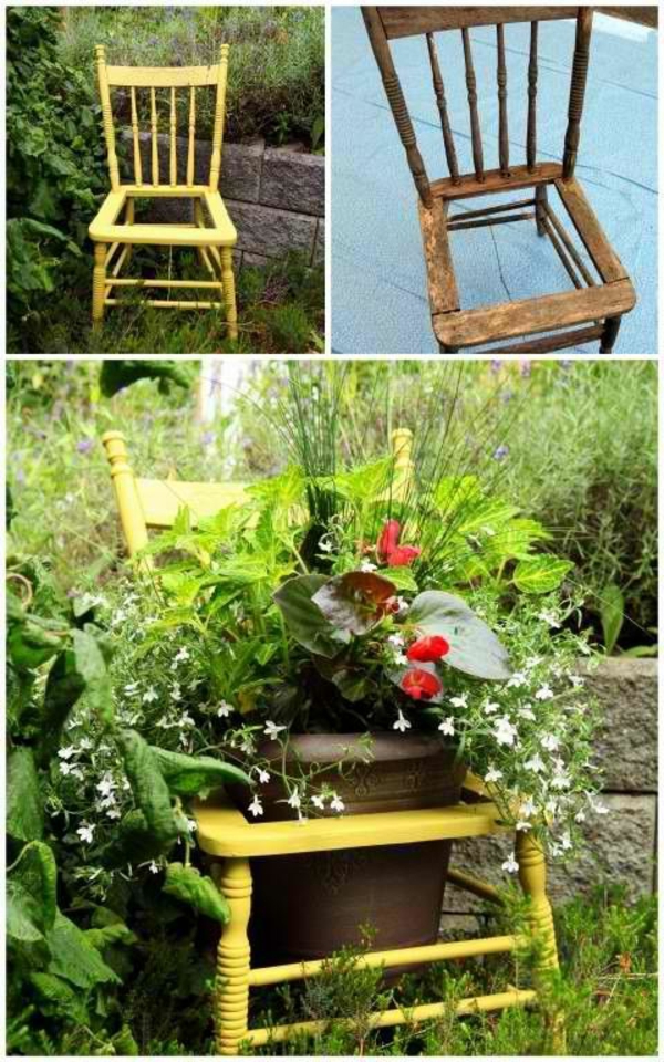 gelb holz stuhl pflanzengefäß ländlich garten Gartenzubehör und Gartendeko