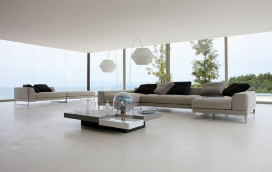 glaswand fenster blick natur modernes wohnzimmer designer möbel sofa couchtisch