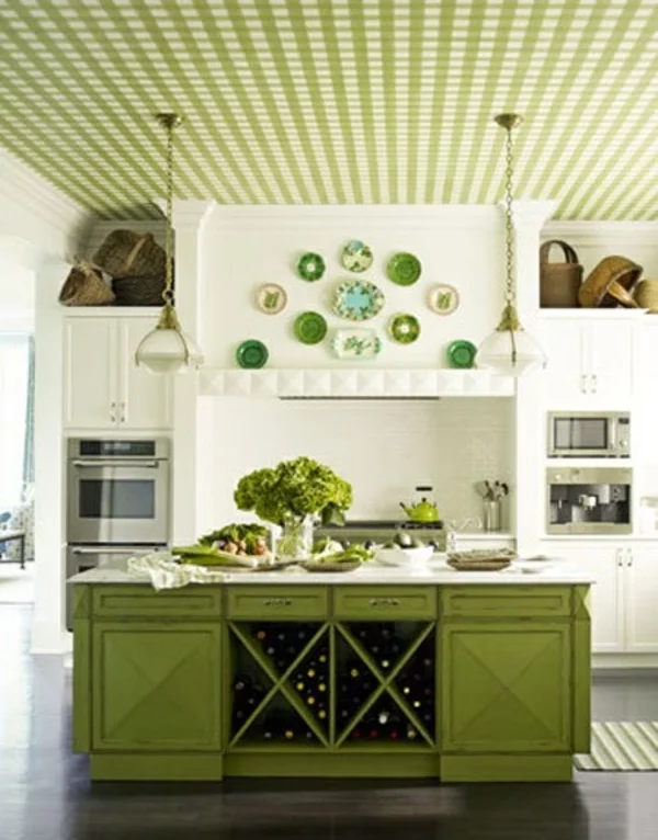 einrichtungsideen grün weiß gekreuzt kücheninsel