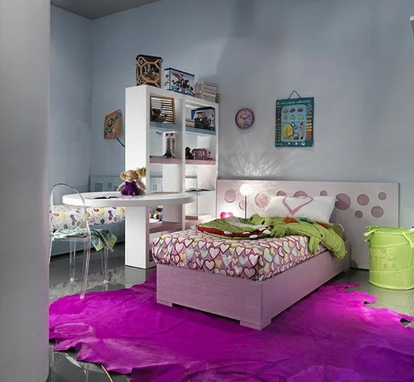jugendzimmer design ideen lila teppich bett kopfteil schön 