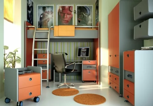 jugendzimmer design orange teppiche grau farbschema