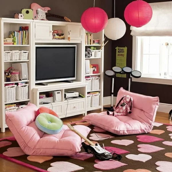 jugendzimmer designideen rosa kissen teppich pendelleuchten weißer schrank 