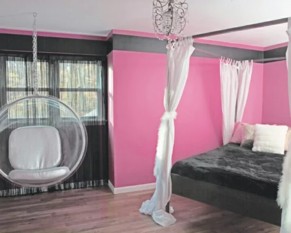 jugendzimmer designideen rosa wandfarbe schwarzes bett 