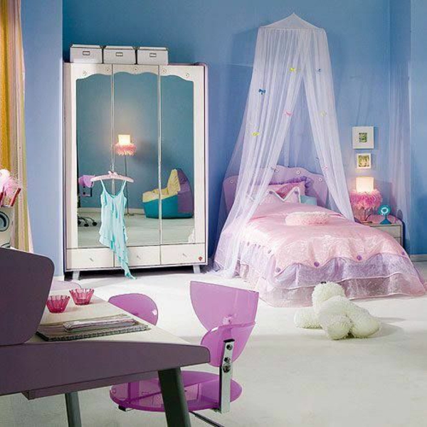 jugendzimmer einrichten lila bett mit baldachin schrank spiegel rosa 
